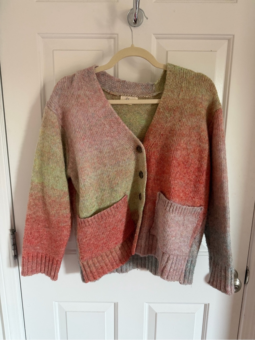 Elan Multicolor V-Neck Patch Pocket Cardigan - Pink, Green, Coral
